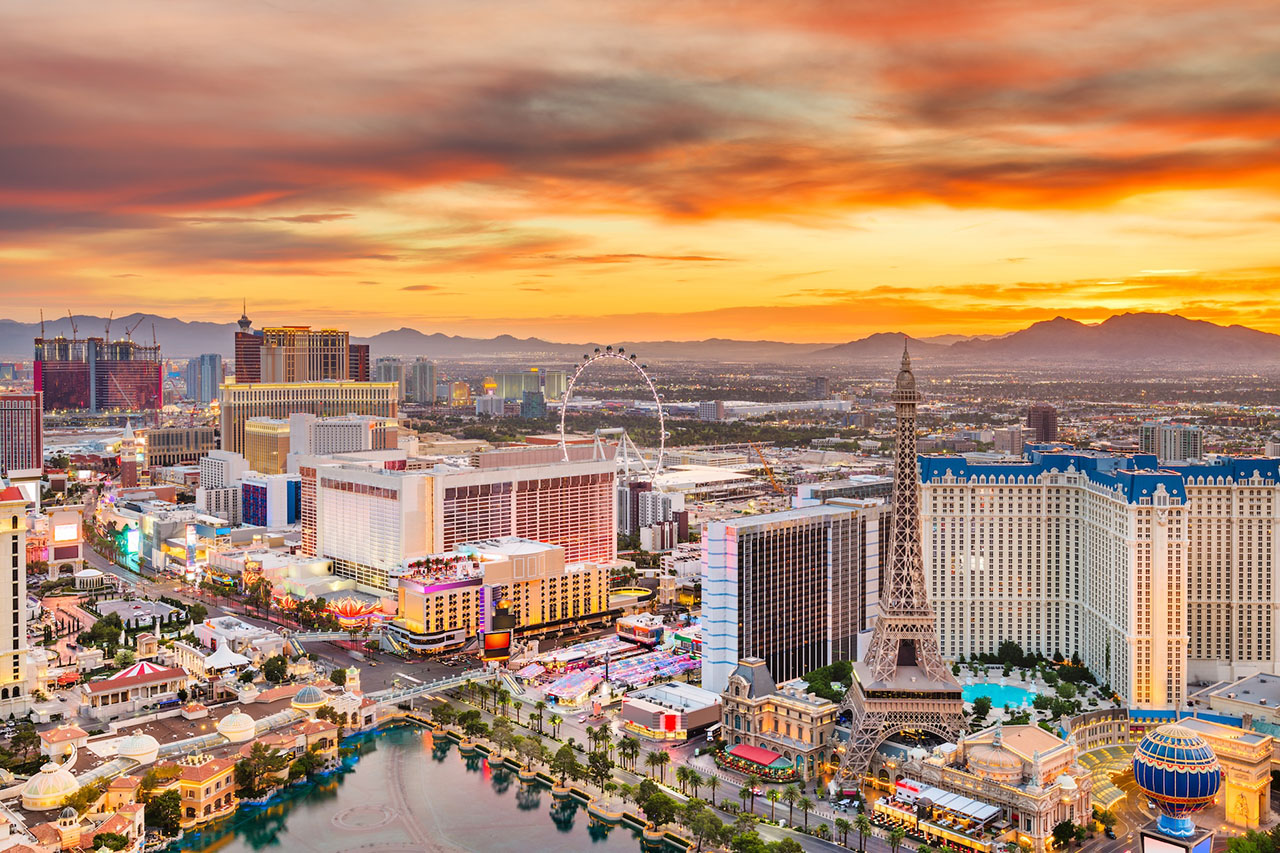 Picture overlooking the Las Vegas Strip at sunset, featuring properties managed by iTrip