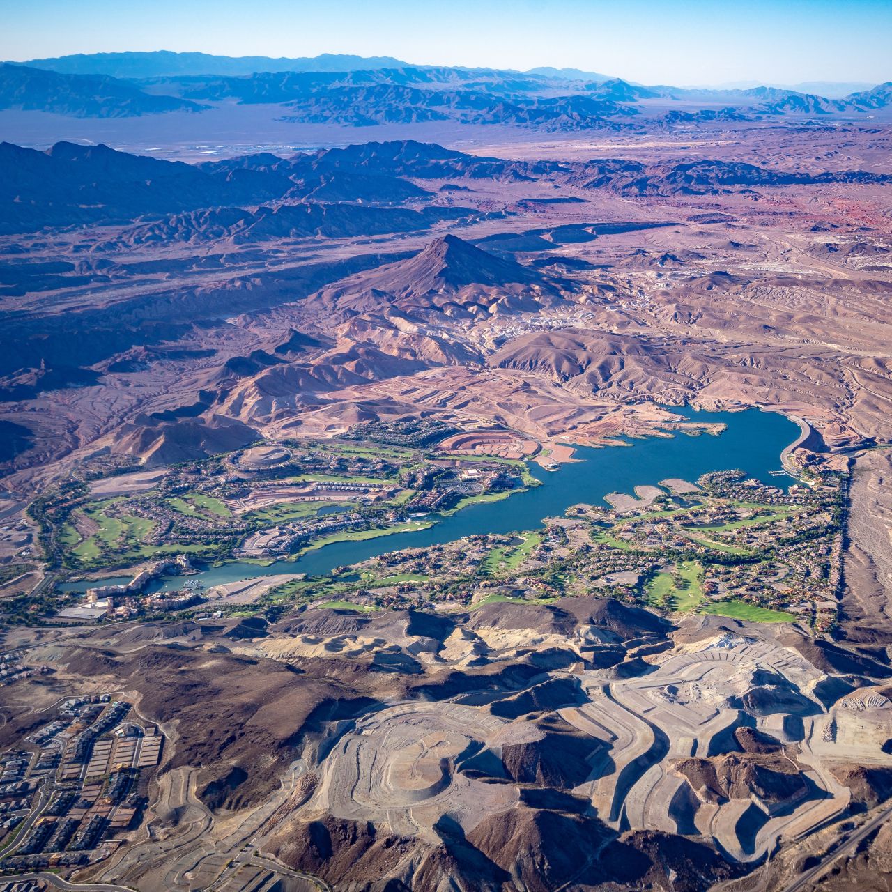 Aerial view of Lake Las Vegas surrounded by vacation rental homes