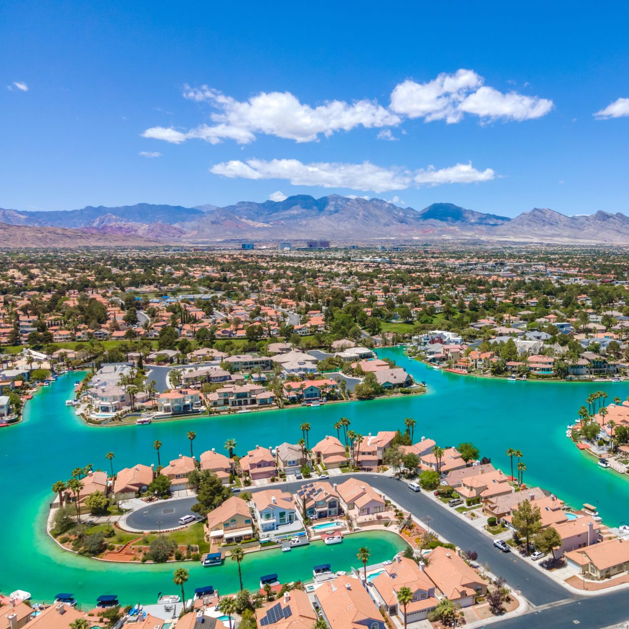 Aerial view of lakefront vacation homes in Las Vegas